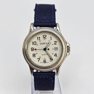 Watch It Men's Watch 37MM White Dial Date New Blue Canvas Bands New Battery